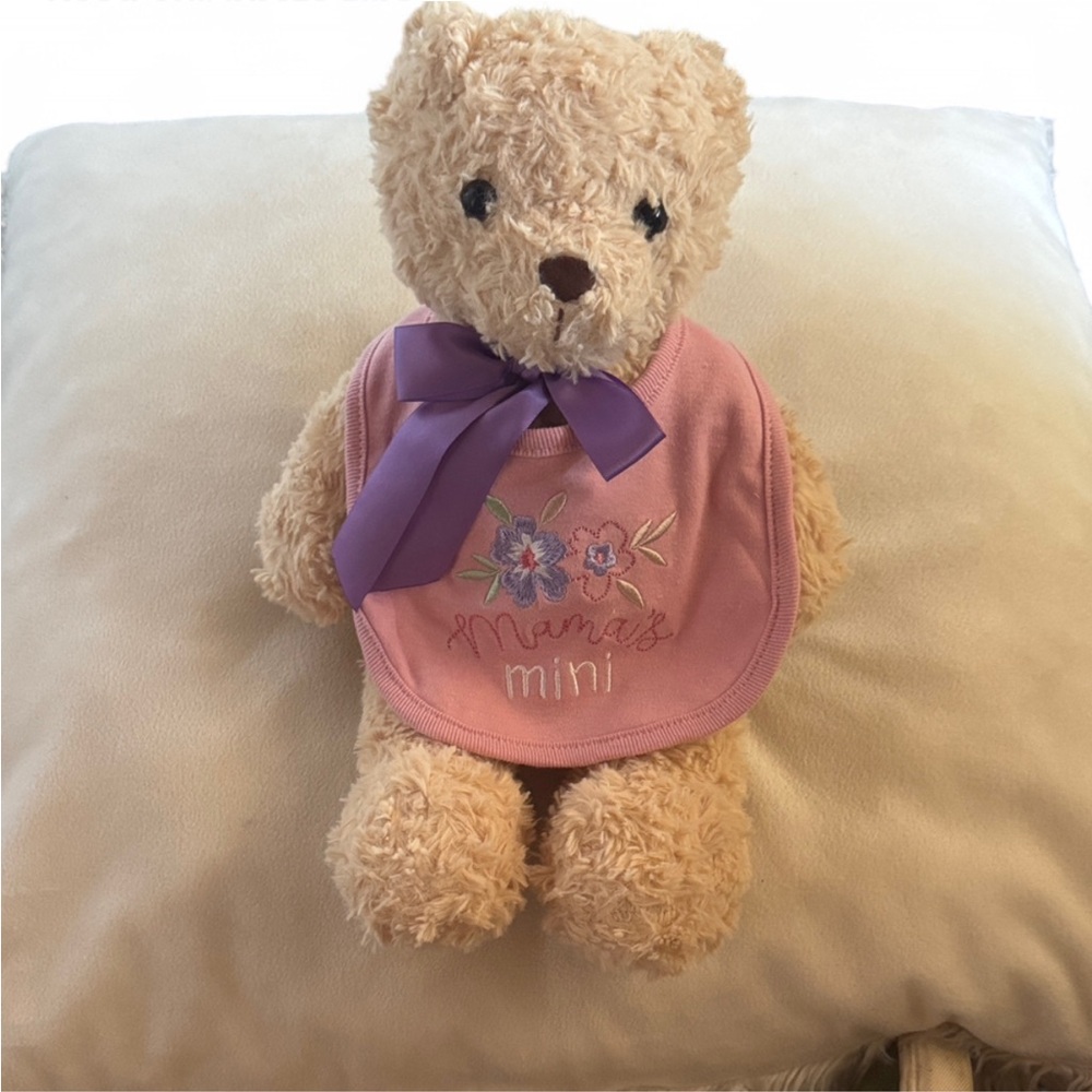 Plush Teddy Bear with Pink Bib that reads ‘Mama’s Mini’ Baby Toy Childrens Kids